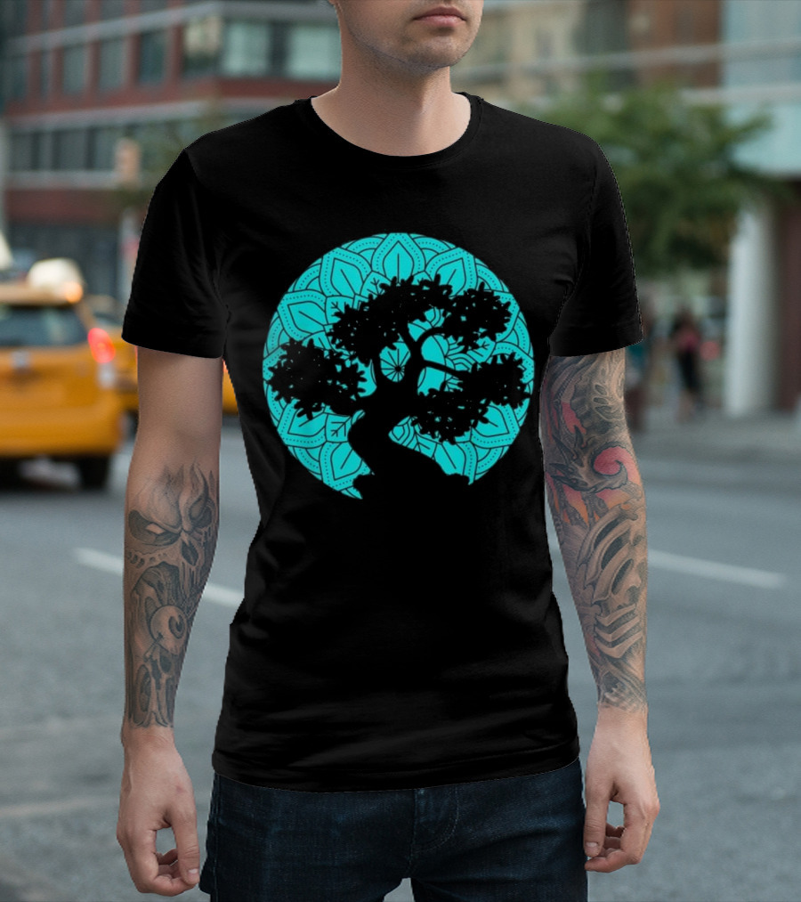 Mandala Bonsai Tree Zen Buddhist Silhouette Circle T-Shirt