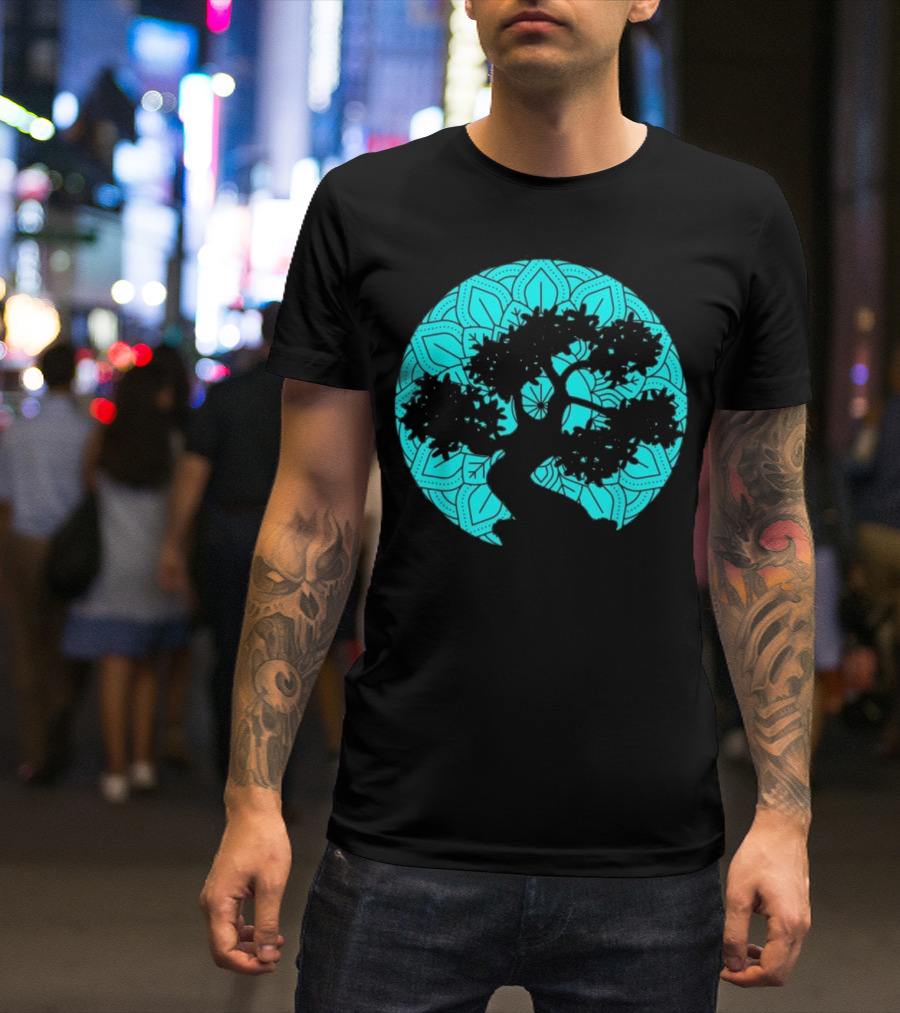 Mandala Bonsai Tree Zen Buddhist Silhouette Circle T-Shirt