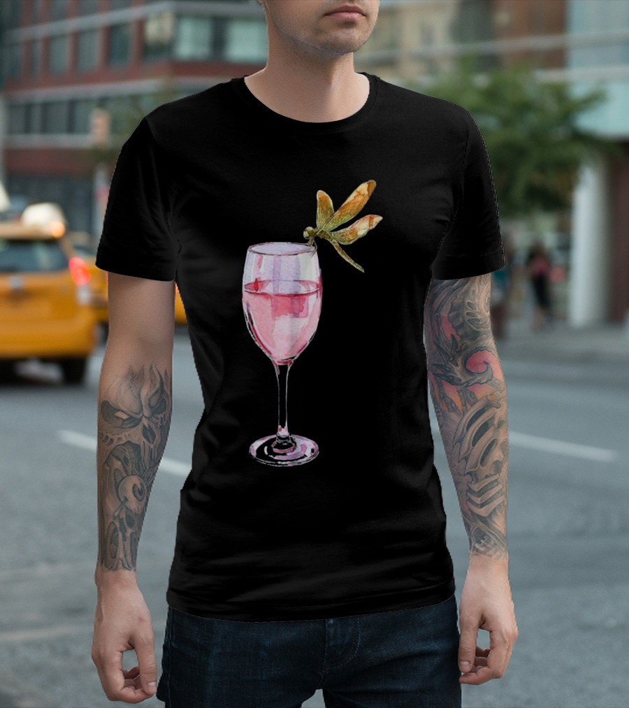 Dragonfly On Wine Glass With Pink Liquid T-Shirt