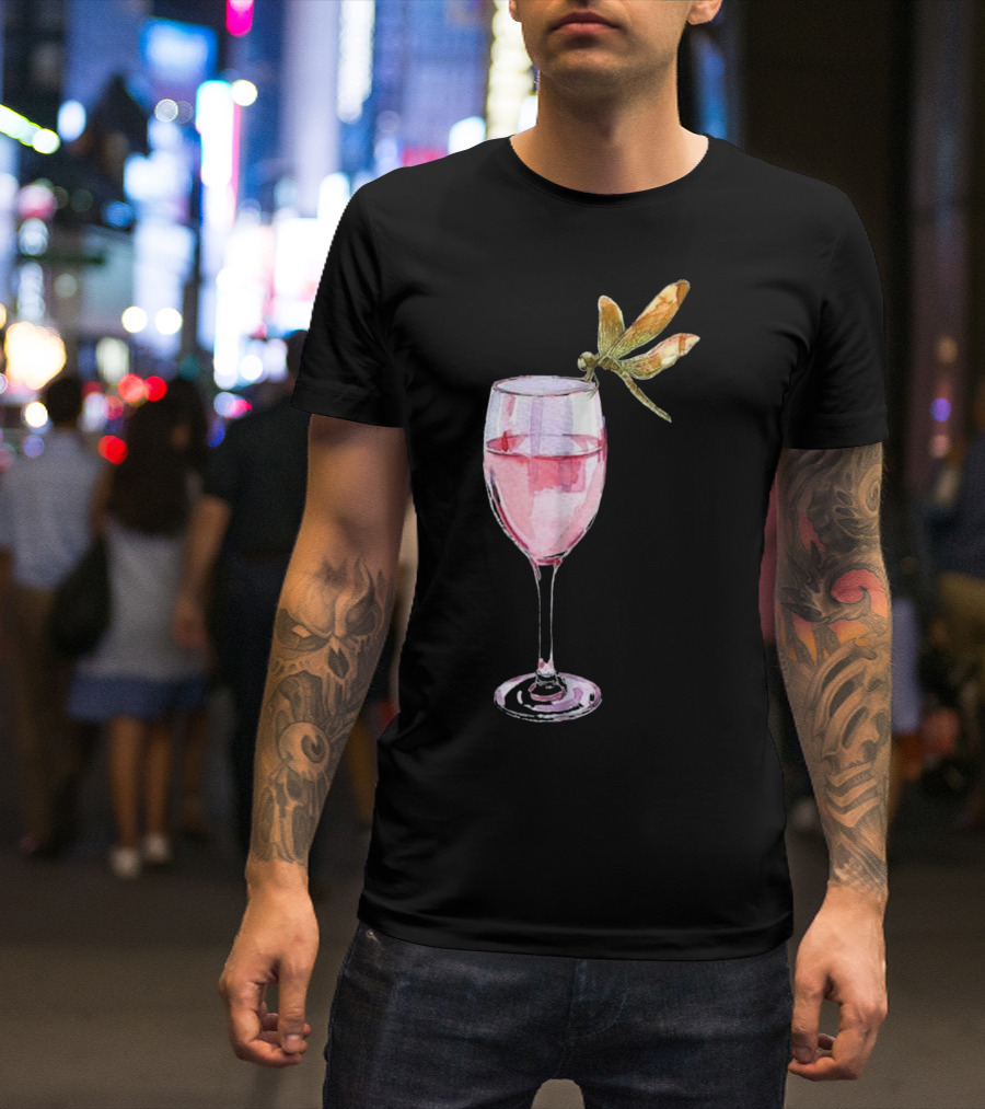 Dragonfly On Wine Glass With Pink Liquid T-Shirt
