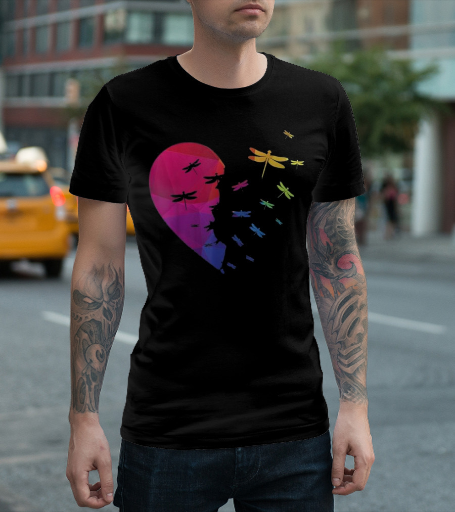Dragonfly Heart Flying Out of Colorful Heart Lover T-Shirt