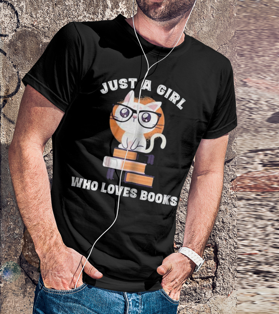 Just A Girl Who Loves Books Fun Nerd Cat Glasses Orange Circle T-Shirt