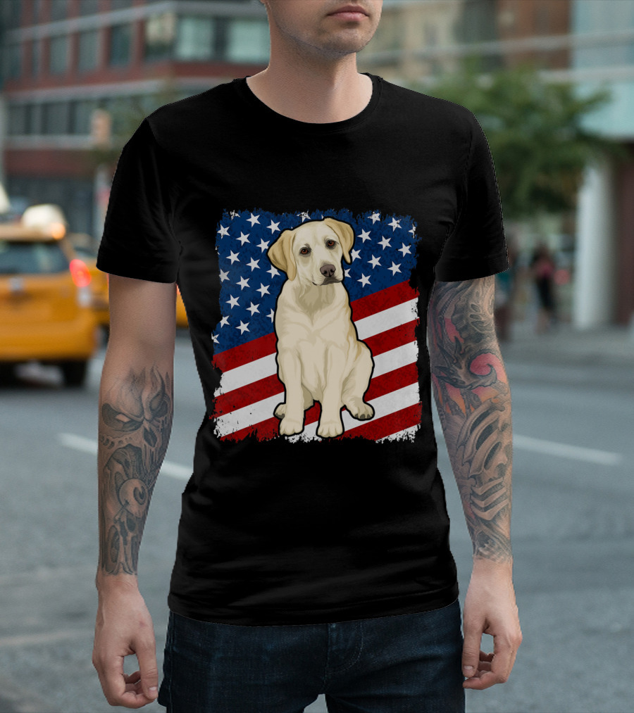 Yellow Labrador Dog with American Flag Stars and Stripes Background T-Shirt