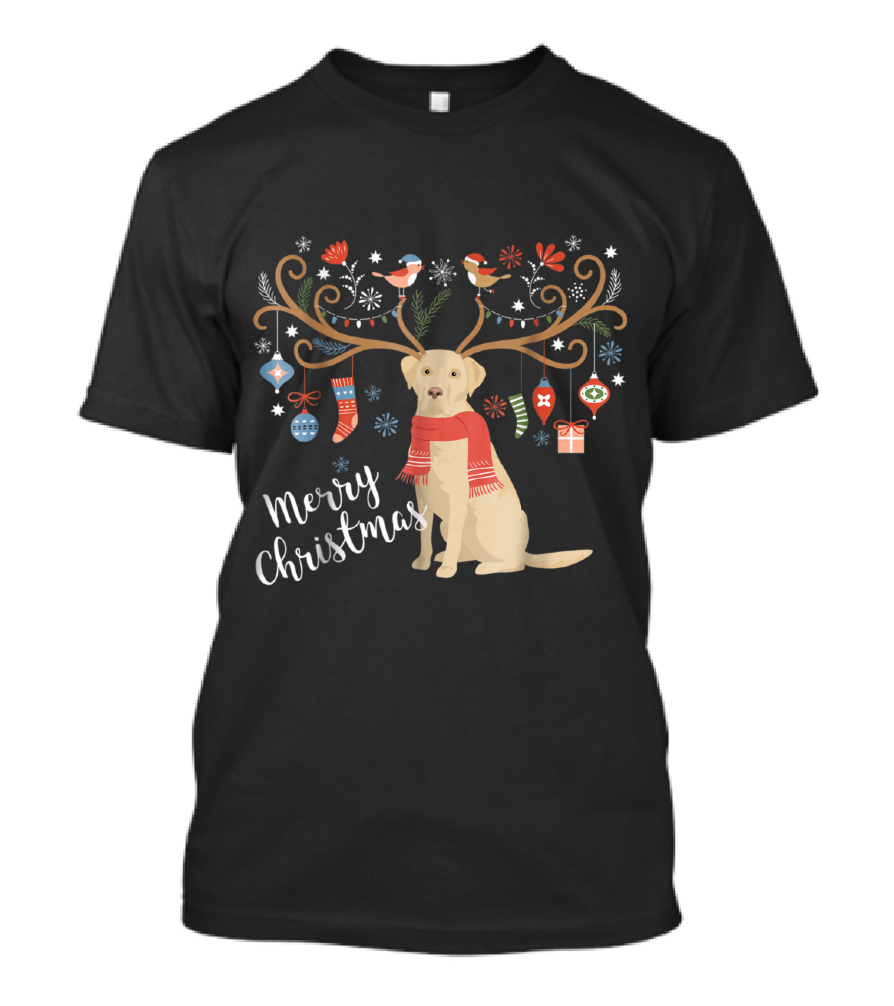 Merry Christmas Yellow Labrador Retriever With Festive Antlers And Ornaments T-Shirt