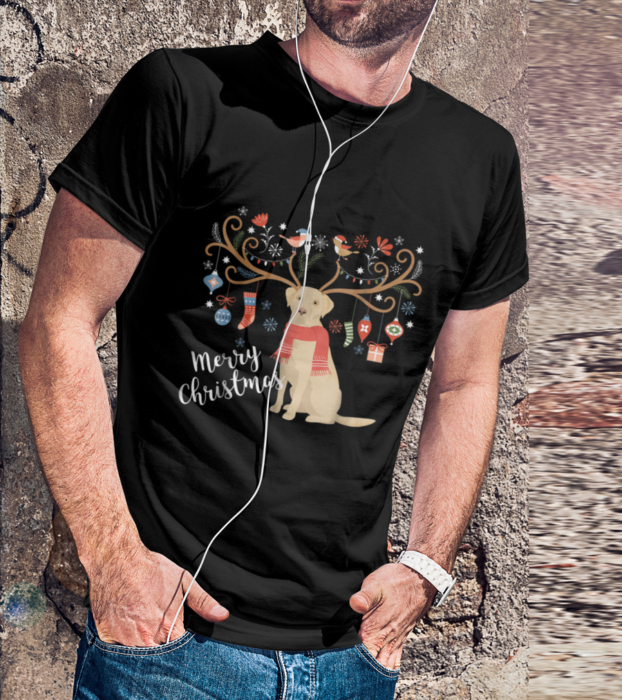 Merry Christmas Yellow Labrador Retriever With Festive Antlers And Ornaments T-Shirt