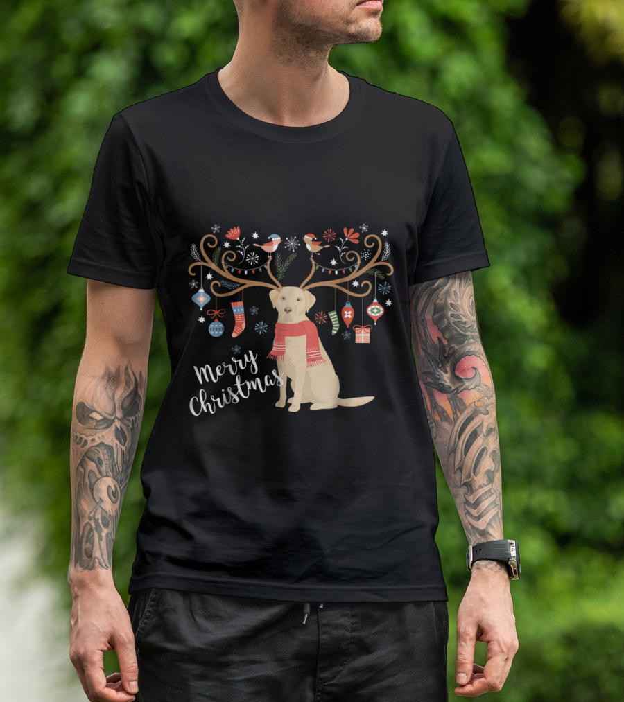 Merry Christmas Yellow Labrador Retriever With Festive Antlers And Ornaments T-Shirt
