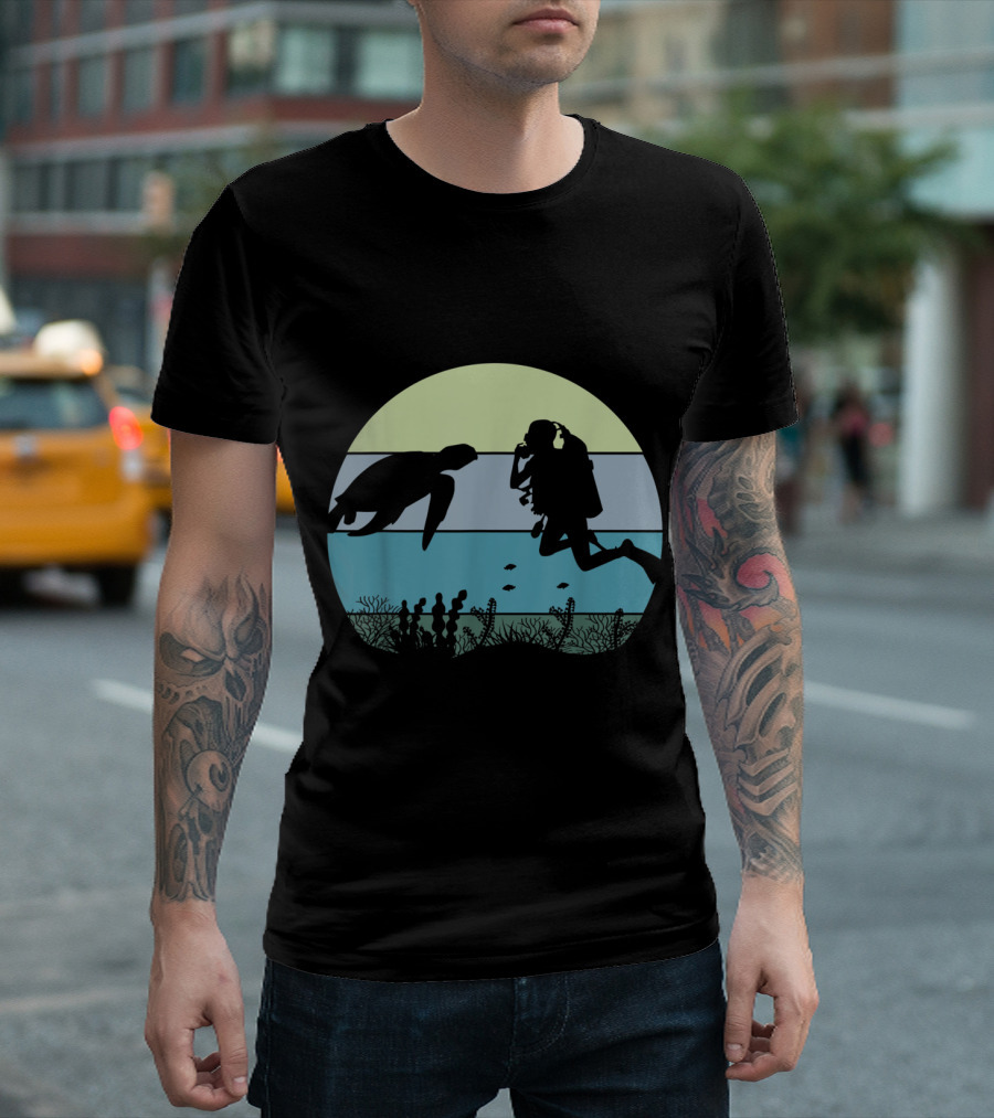Scuba Diver Diving Sea Turtle Ocean Scene T-Shirt