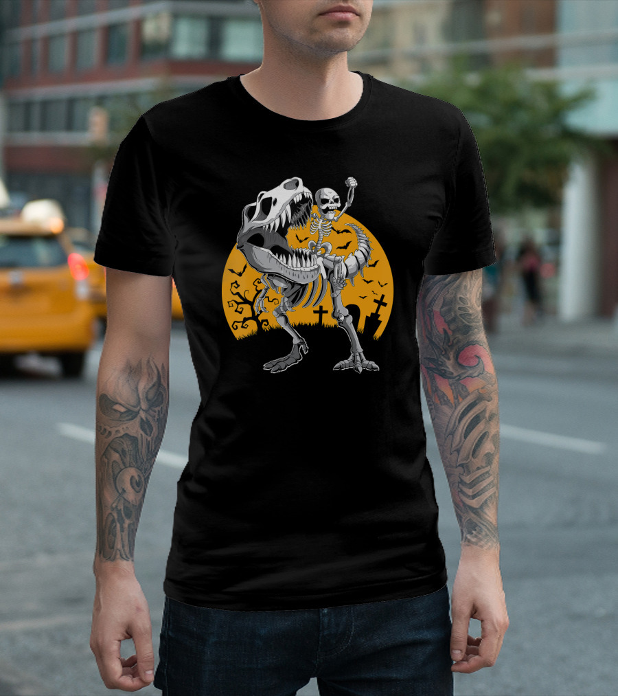 Cool Halloween Skeleton and Rex Dinosaur with Graveyard Bats T-Shirt