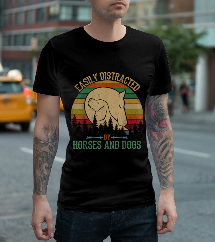 Easily Distracted By Horses and Dogs Retro Sunset Forest T-Shirt