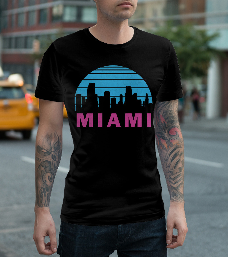Miami Florida Cityscape Retro Blue Pink Skyline T-Shirt