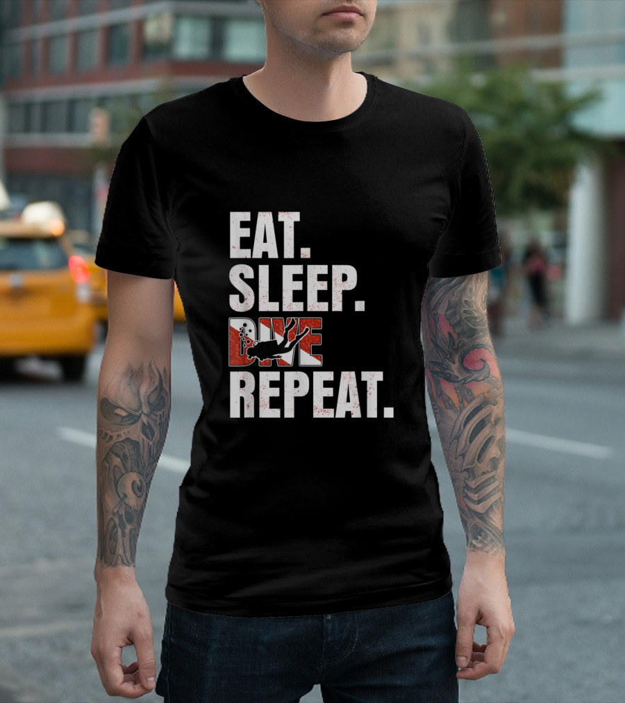 EAT SLEEP DIVE REPEAT Scuba Diving Silhouette And Dive Flag T-Shirt