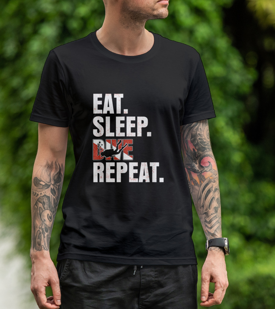 EAT SLEEP DIVE REPEAT Scuba Diving Silhouette And Dive Flag T-Shirt