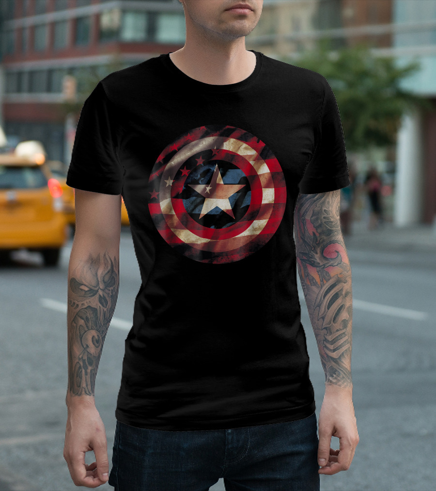 Captain America Avengers Shield Stars and Stripes Flag Marvel T-Shirt