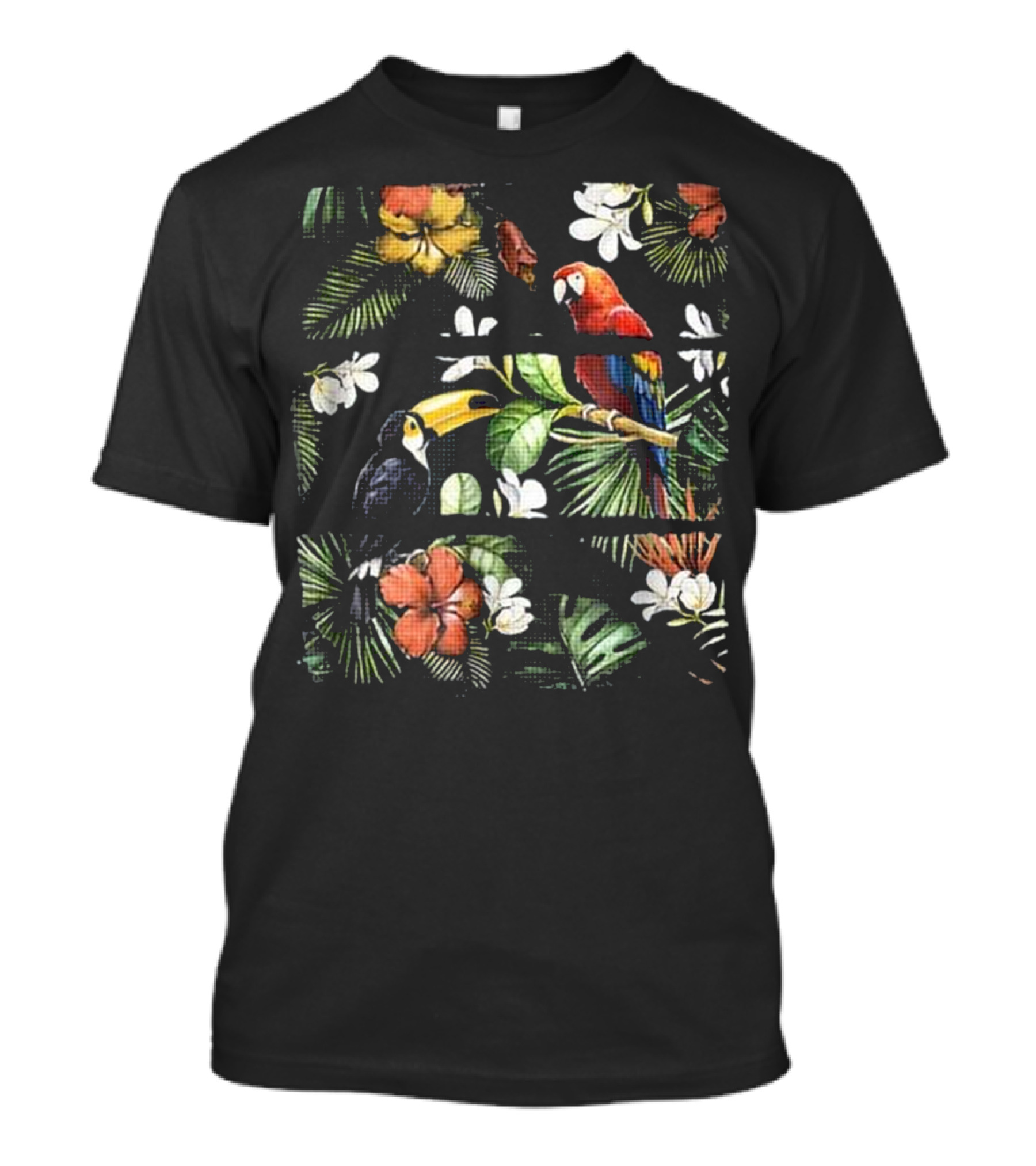 Parrot And Toucan In Vibrant Tropical Rainforest With Exotic Flowers T-Shirt