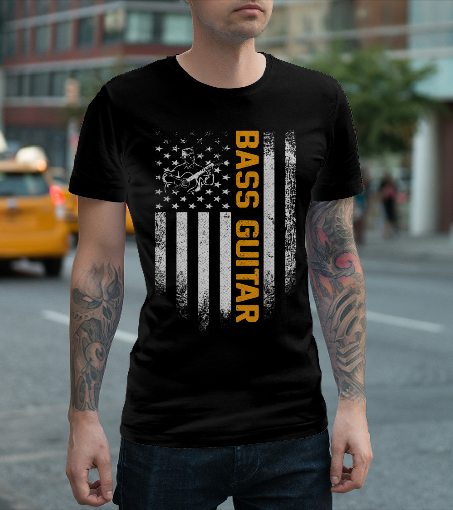 Vintage USA Bass Guitar American Flag T-Shirt
