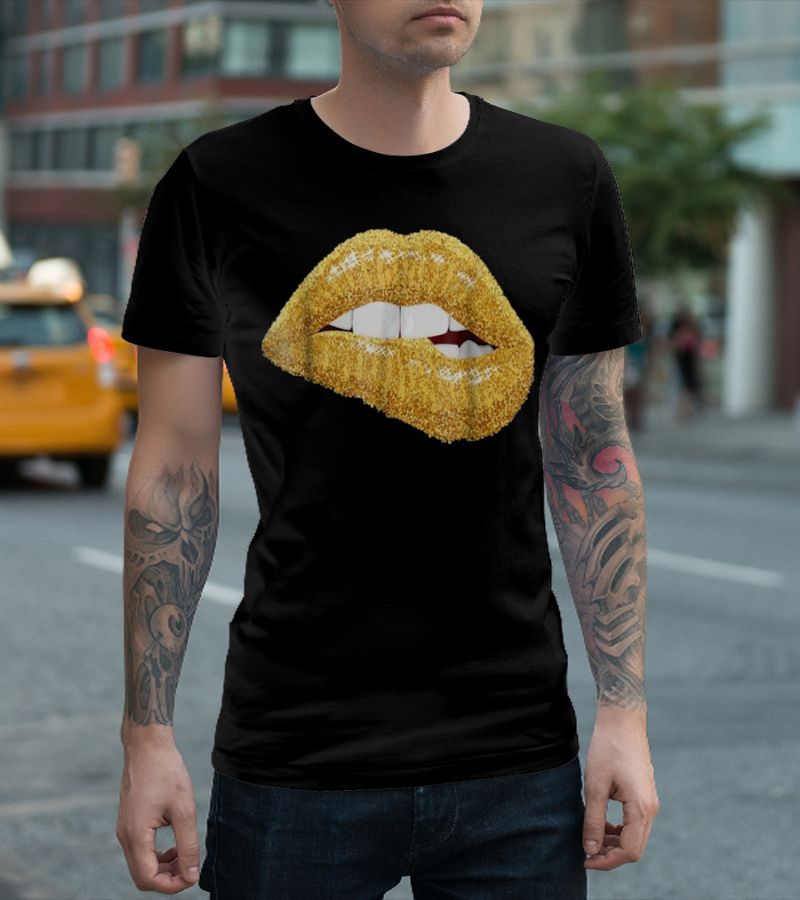 Gold Glitter Lips Biting Black Girl Magic Kiss T-Shirt