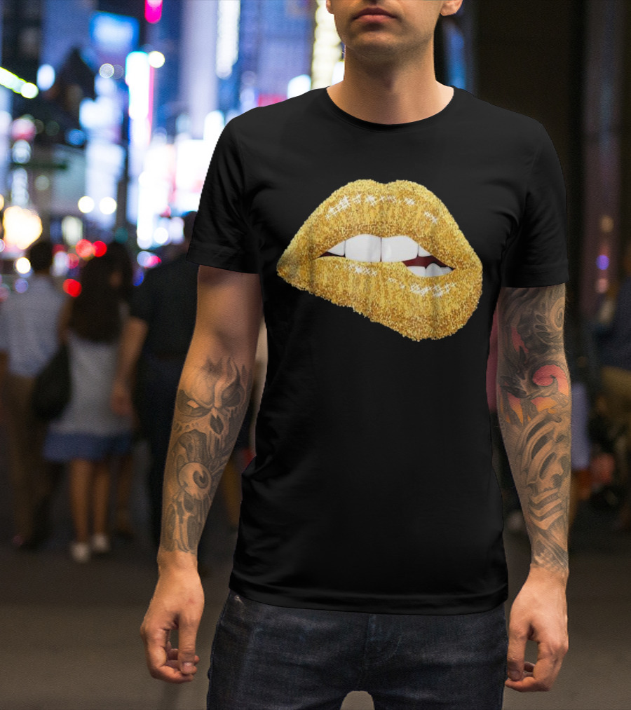 Gold Glitter Lips Biting Black Girl Magic Kiss T-Shirt