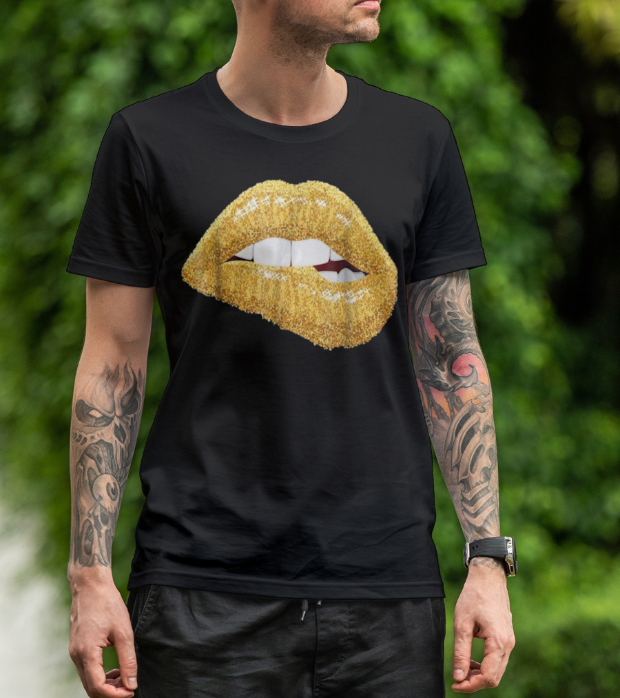 Gold Glitter Lips Biting Black Girl Magic Kiss T-Shirt