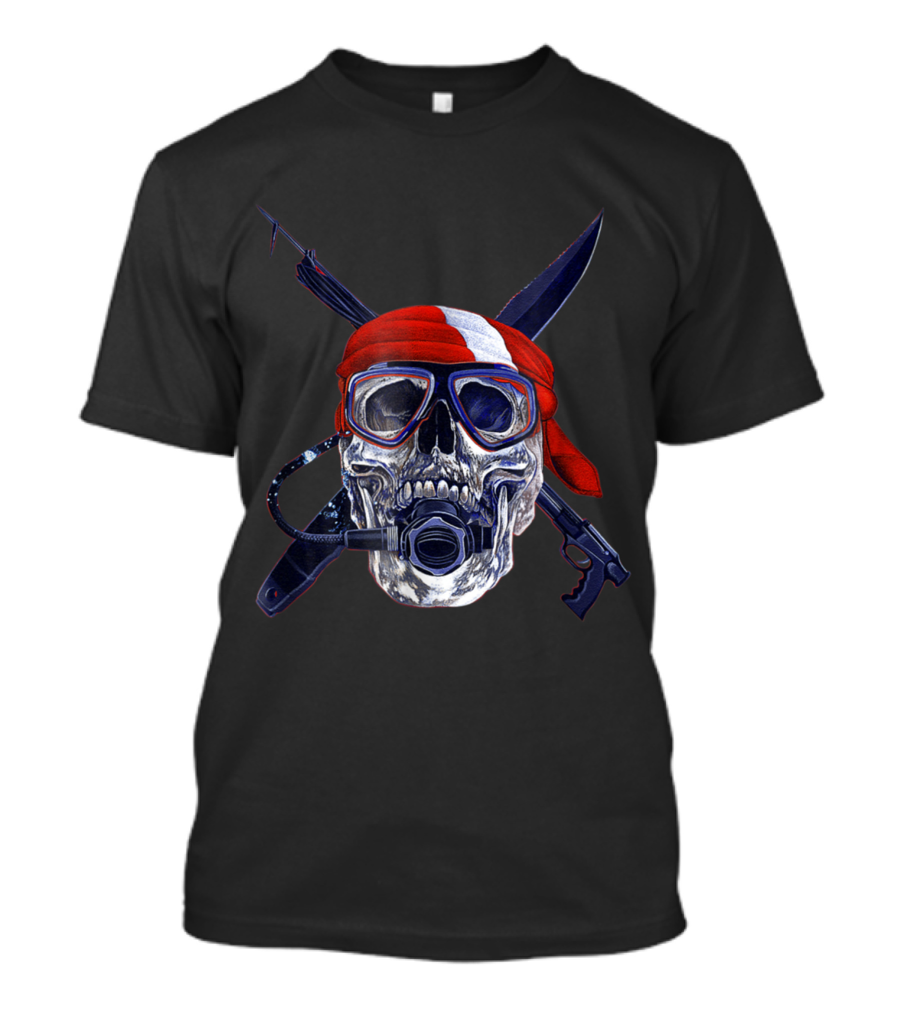 Scuba Diving Skull With Red Bandana And Spearfishing Gear T-Shirt