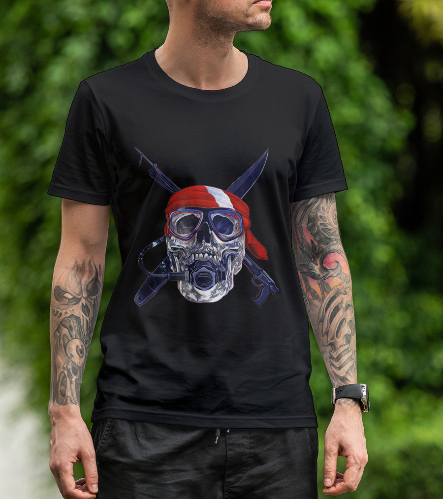 Scuba Diving Skull With Red Bandana And Spearfishing Gear T-Shirt