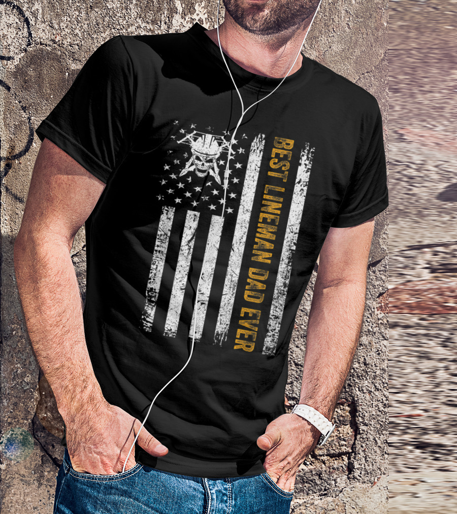 Vintage USA Skull Flag Best Lineman Dad Ever American T-Shirt