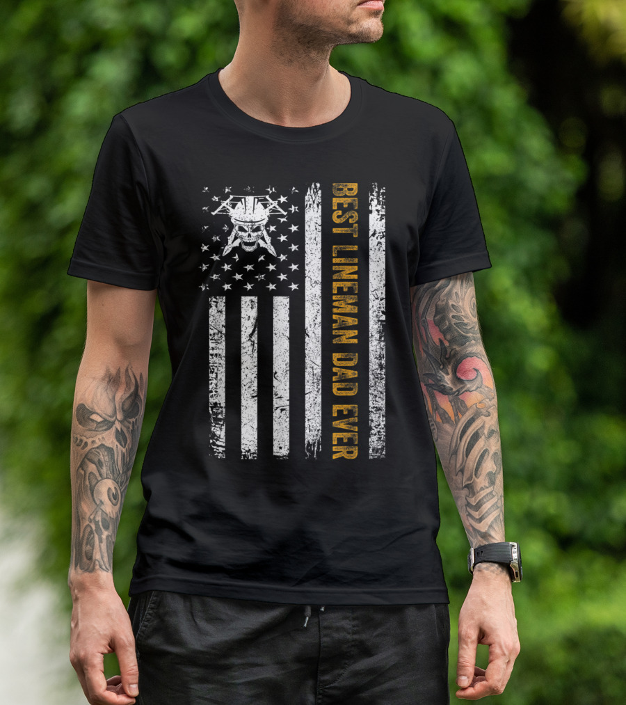 Vintage USA Skull Flag Best Lineman Dad Ever American T-Shirt