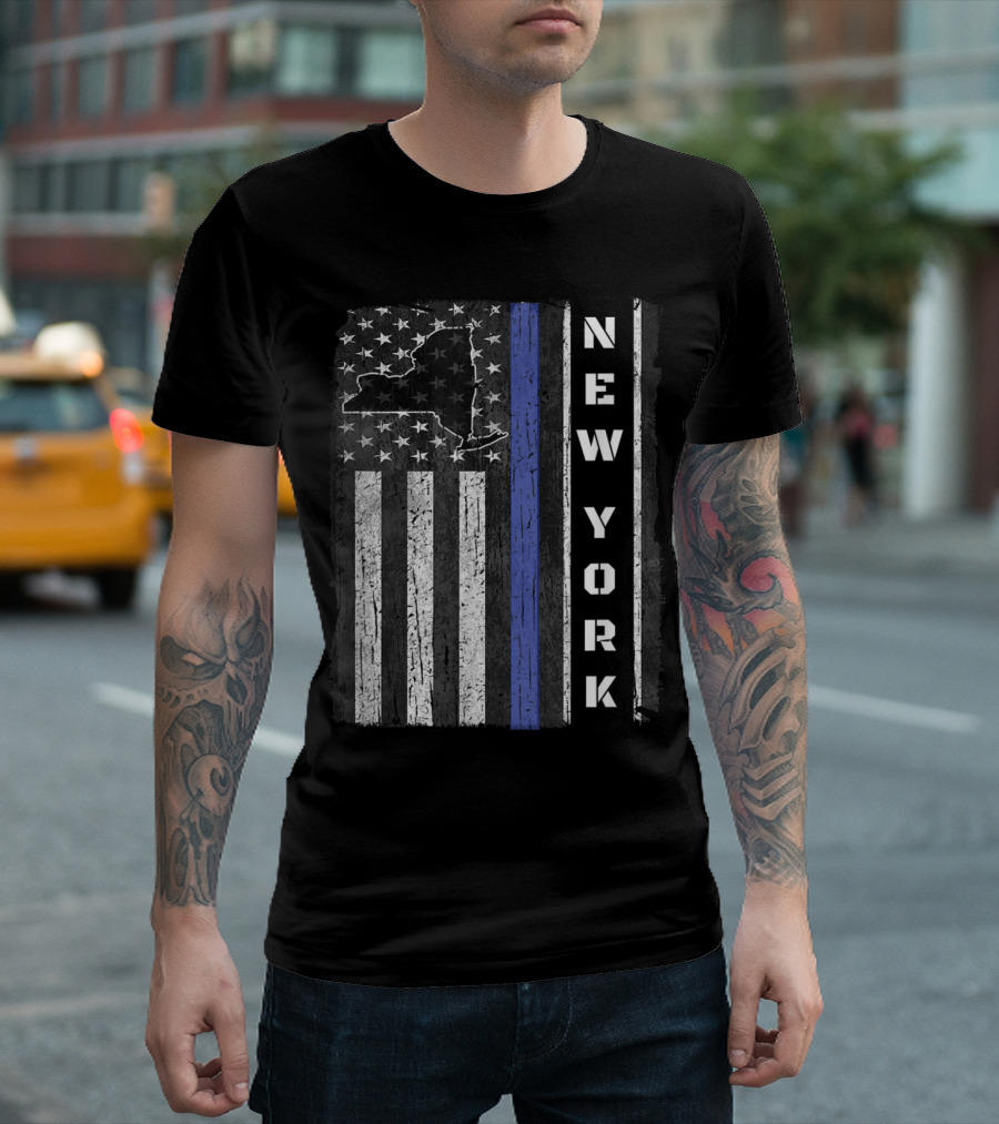 New York Thin Blue Line Police Week US Flag State Outline T-Shirt