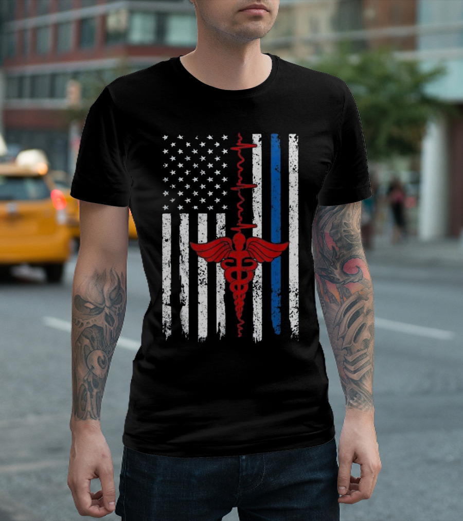 Patriot Nurse Thin Blue Line Caduceus US Flag T-Shirt