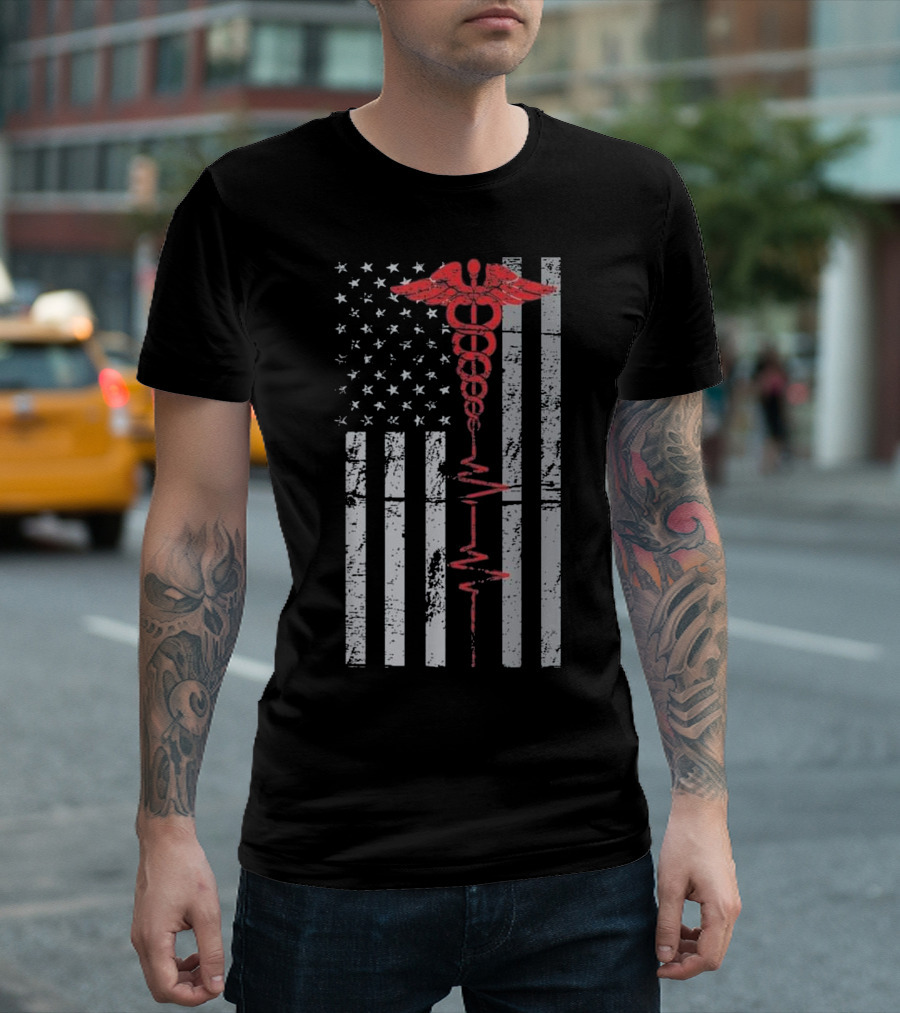Patriot Nurse Thin Red Line American Flag With Caduceus And Heartbeat T-Shirt