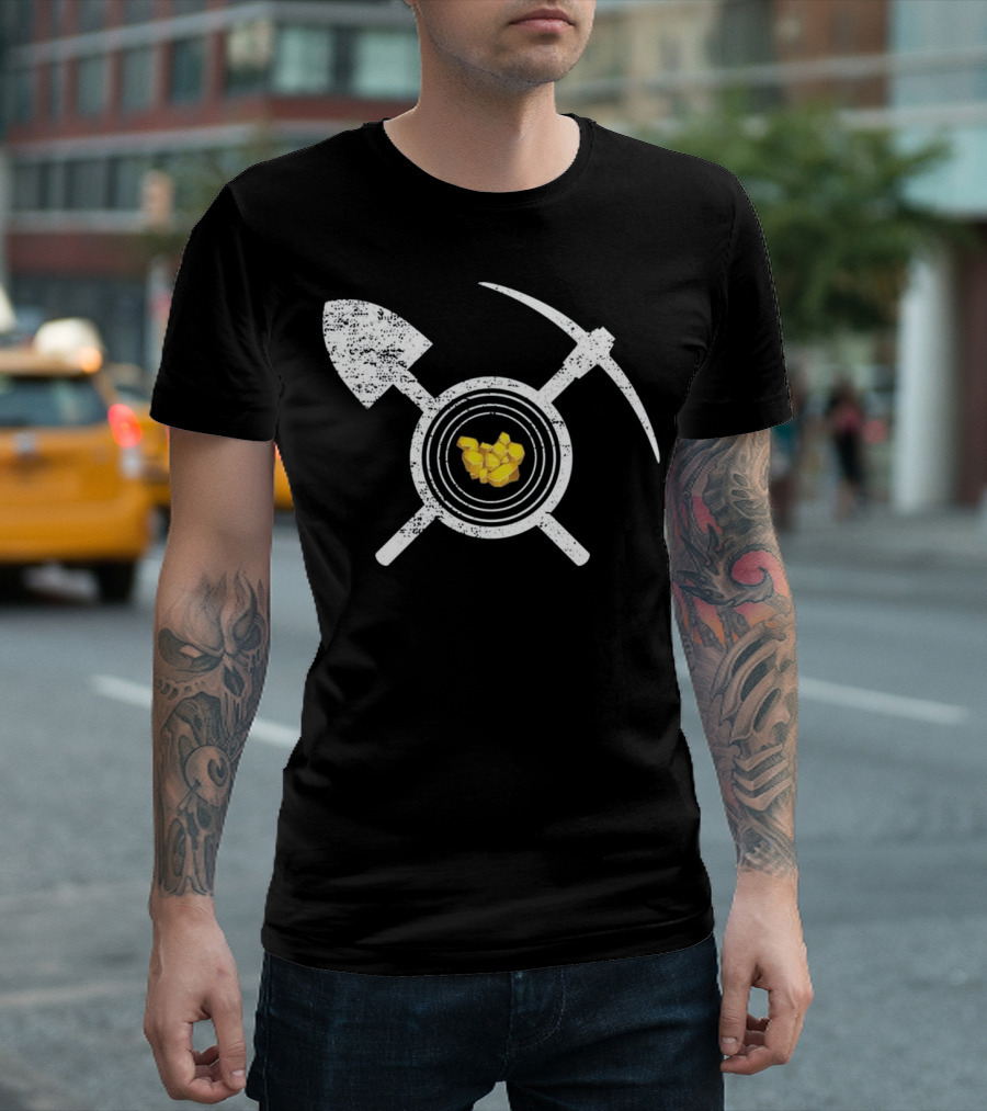 Gold Prospecting Logo with Pickaxe and Shovel Crossed Over Gold Nuggets T-Shirt