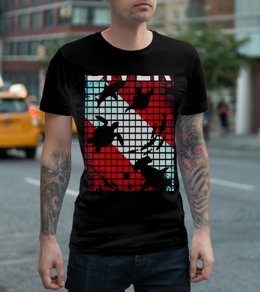 SCUBA Rescue Diver Marine Life Silhouettes on Dive Flag T-Shirt
