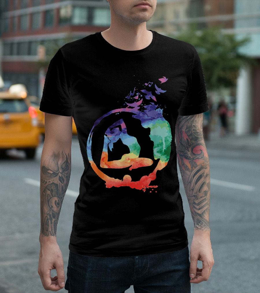Yoga Asana Watercolour Rainbow Silhouettes with Birds and Music Notes T-Shirt