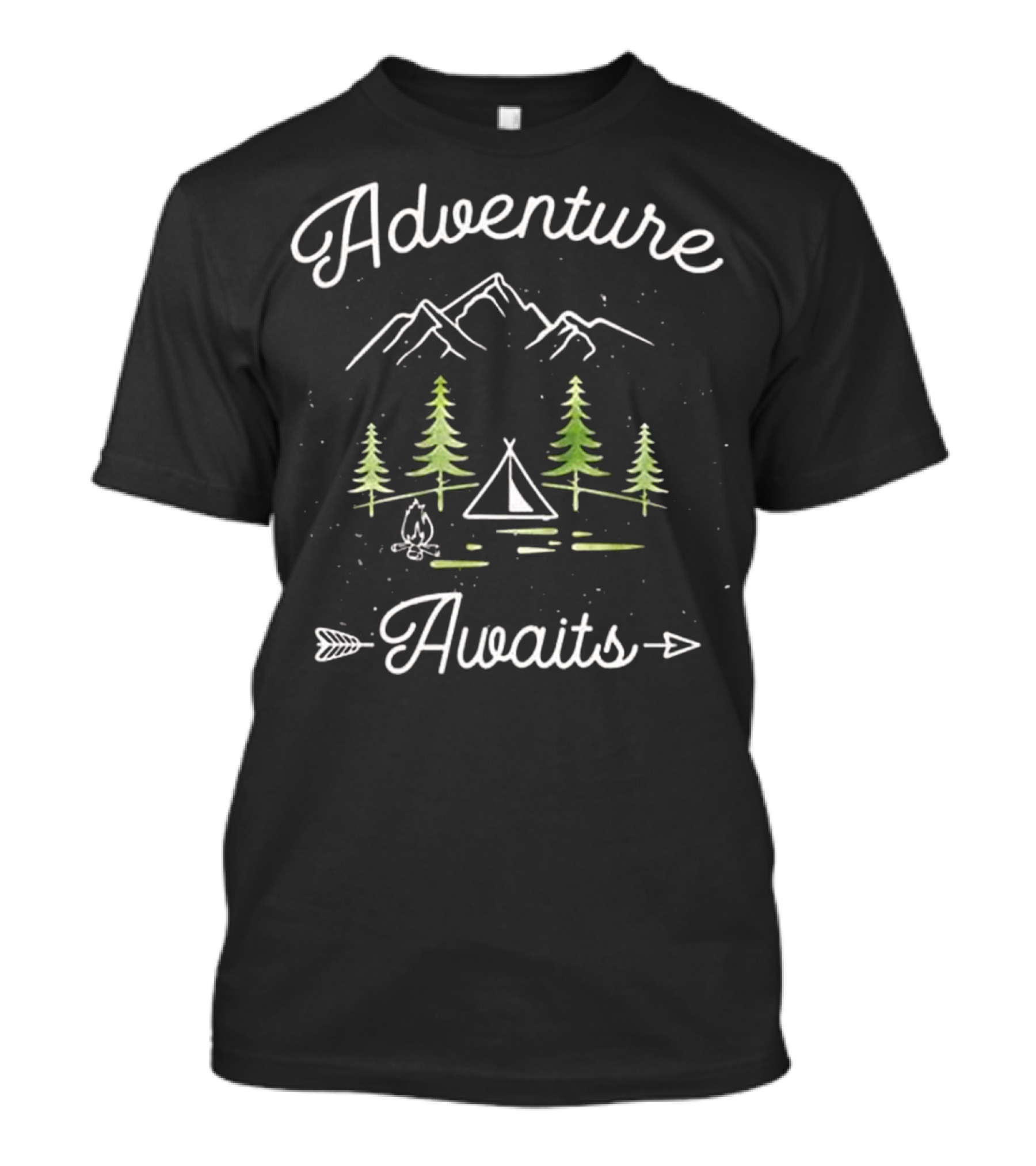 Adventure Awaits Mountains Camping Campfire Tent Pine Trees T-Shirt