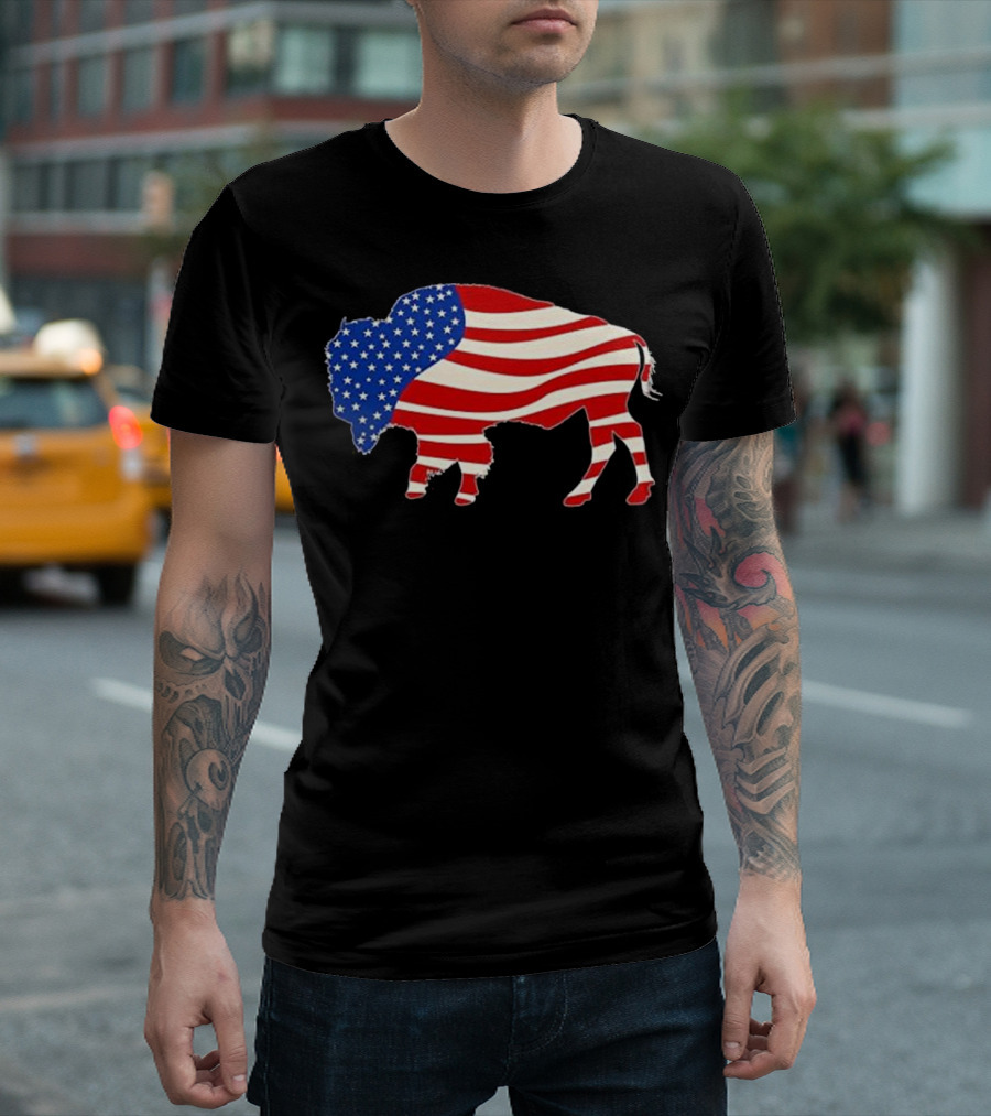 Patriotic Buffalo Bison American Flag T-Shirt