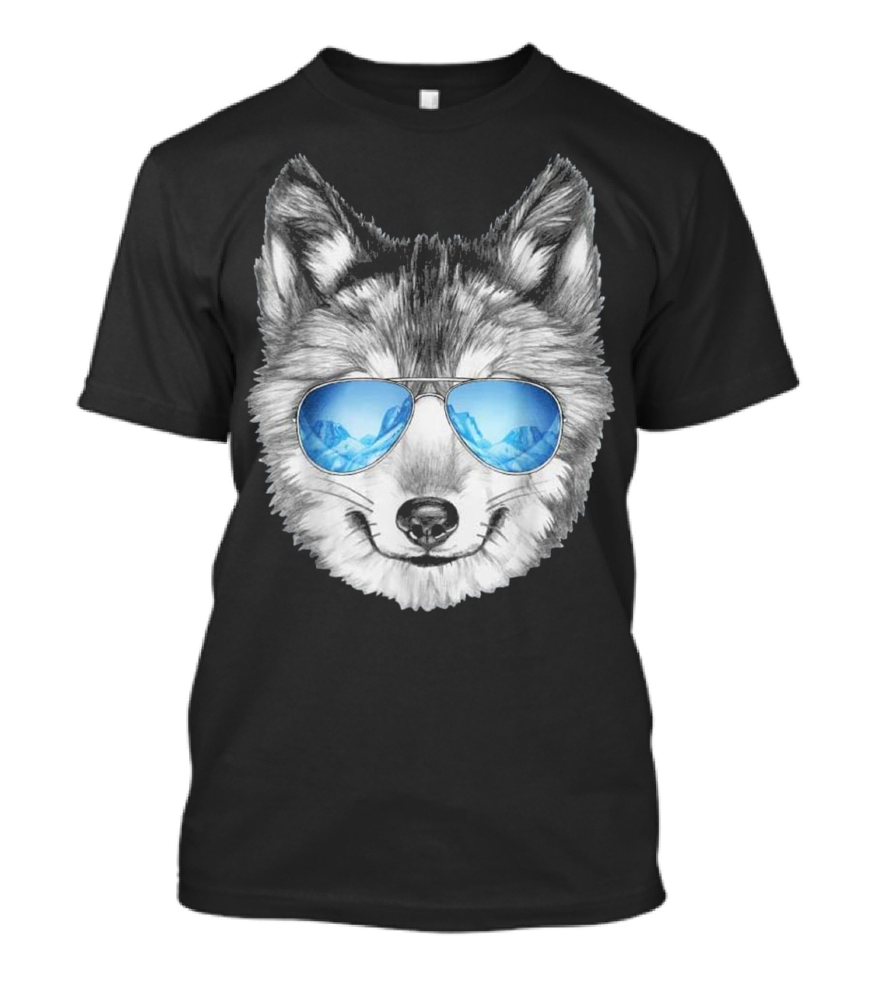 Cool Wolf Face Wearing Sunglasses With Mountain Reflection T-Shirt