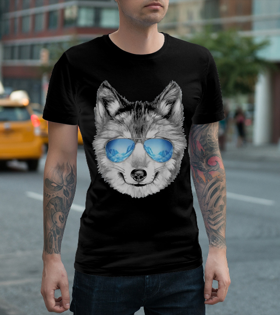 Cool Wolf Face Wearing Sunglasses With Mountain Reflection T-Shirt