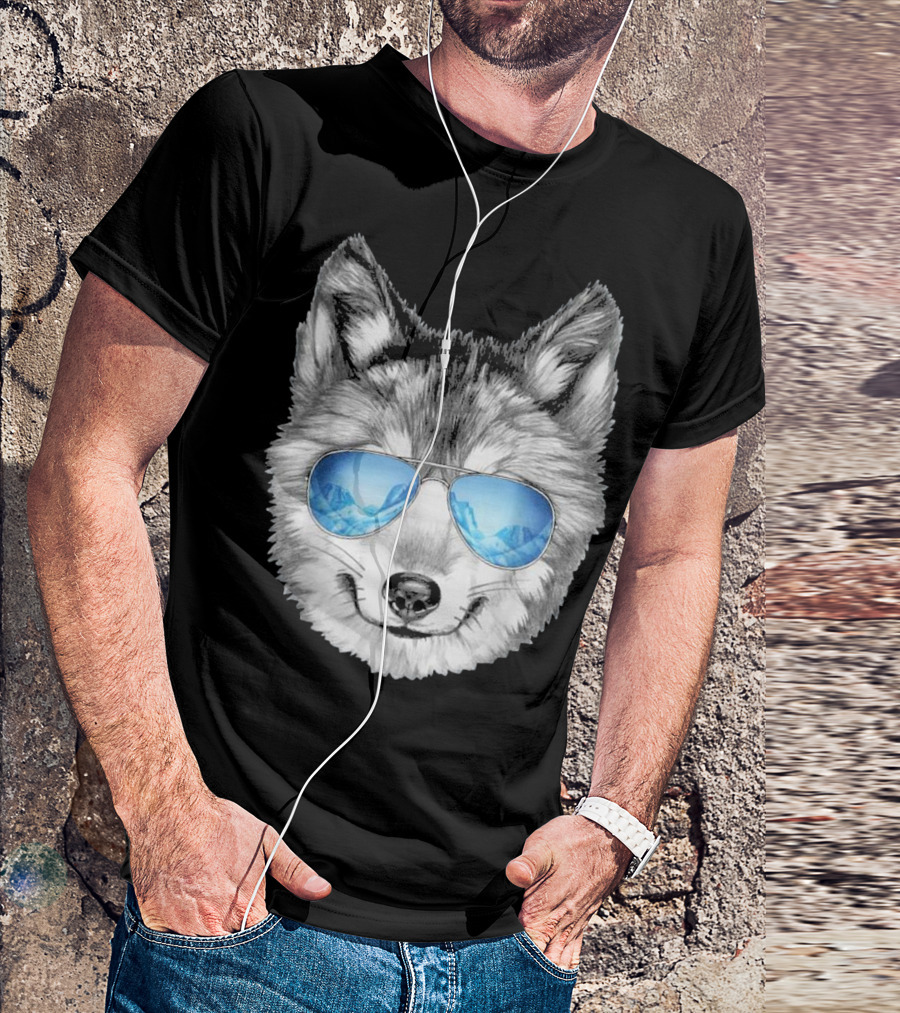 Cool Wolf Face Wearing Sunglasses With Mountain Reflection T-Shirt