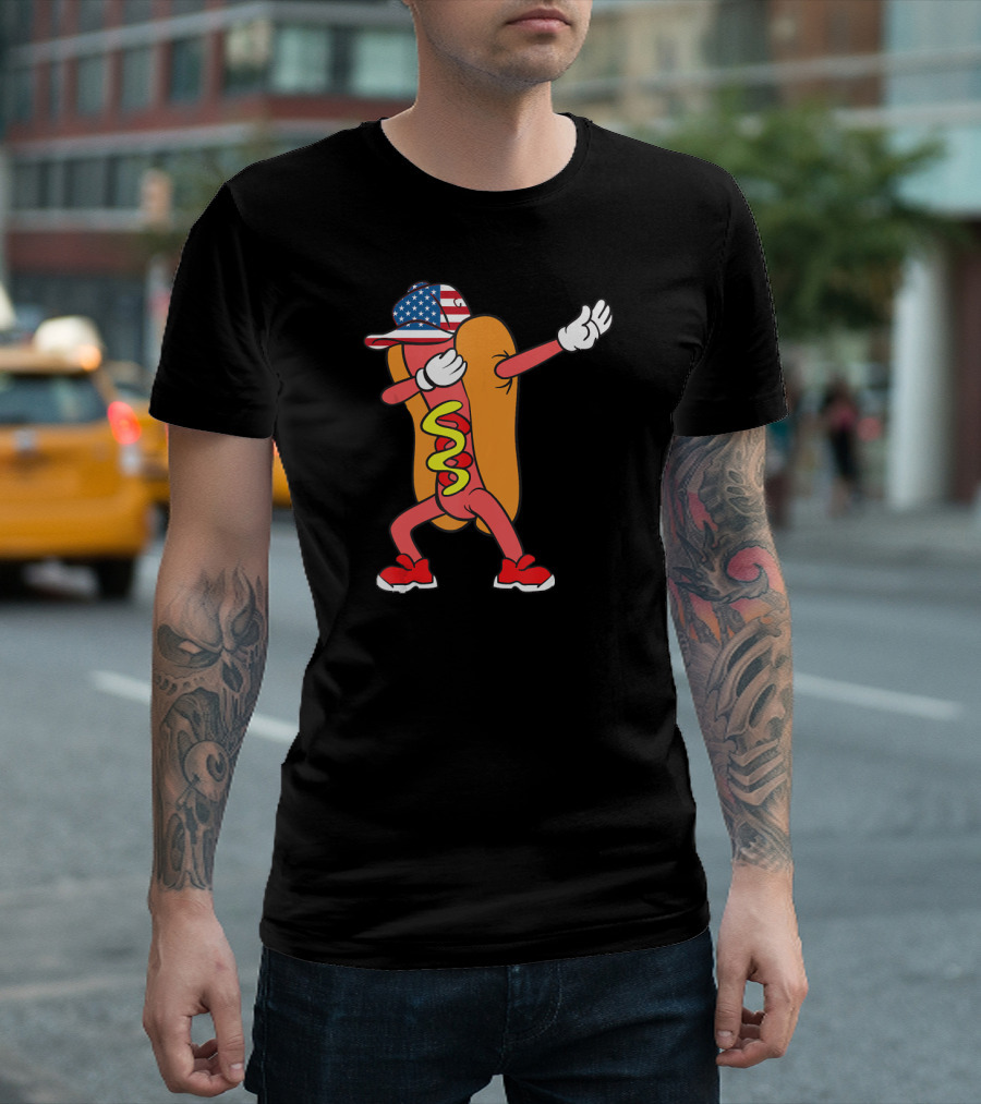 Funny Dabbing Hot Dog Day with American Flag Hat T-Shirt