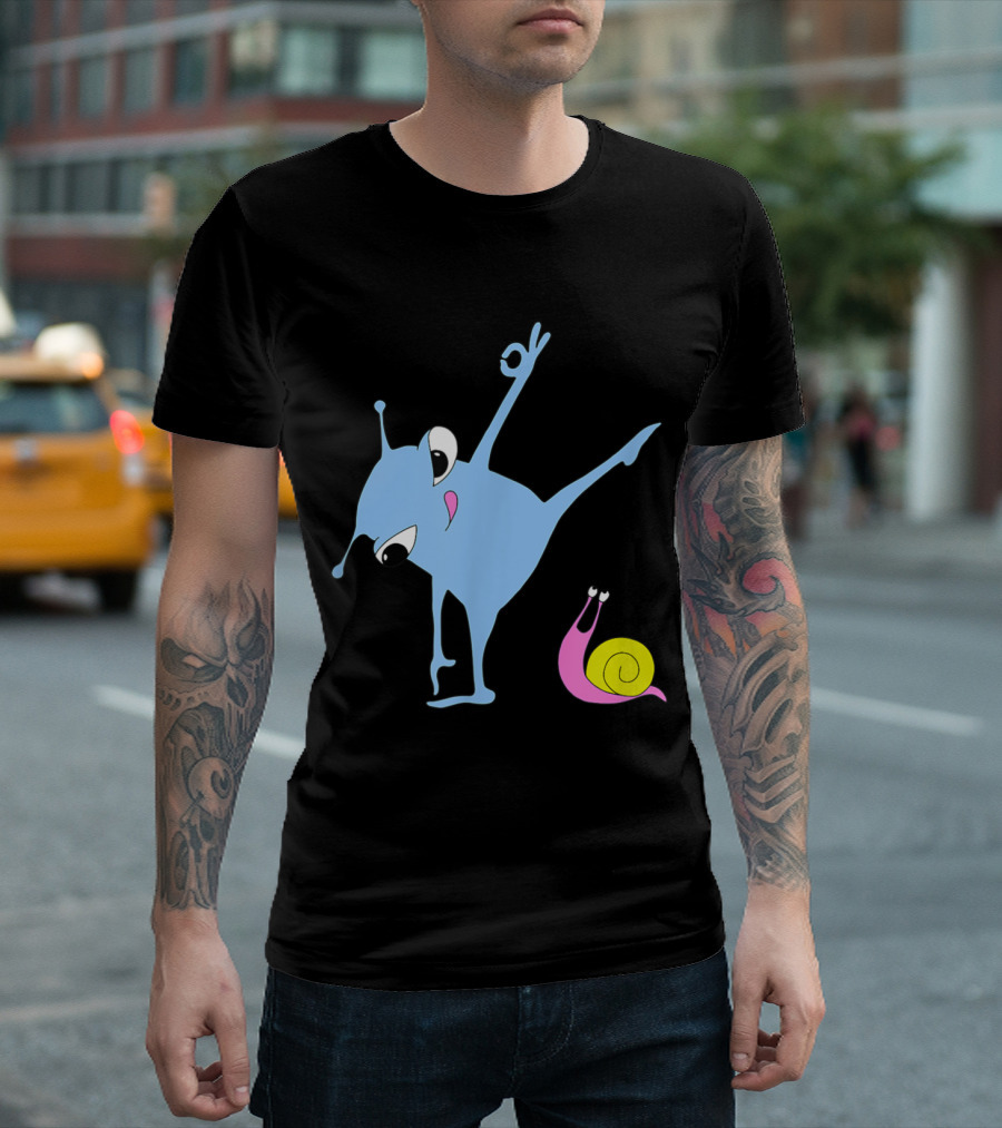 Yoga Pose With Happy Snail And Cute Blue Alien T-Shirt