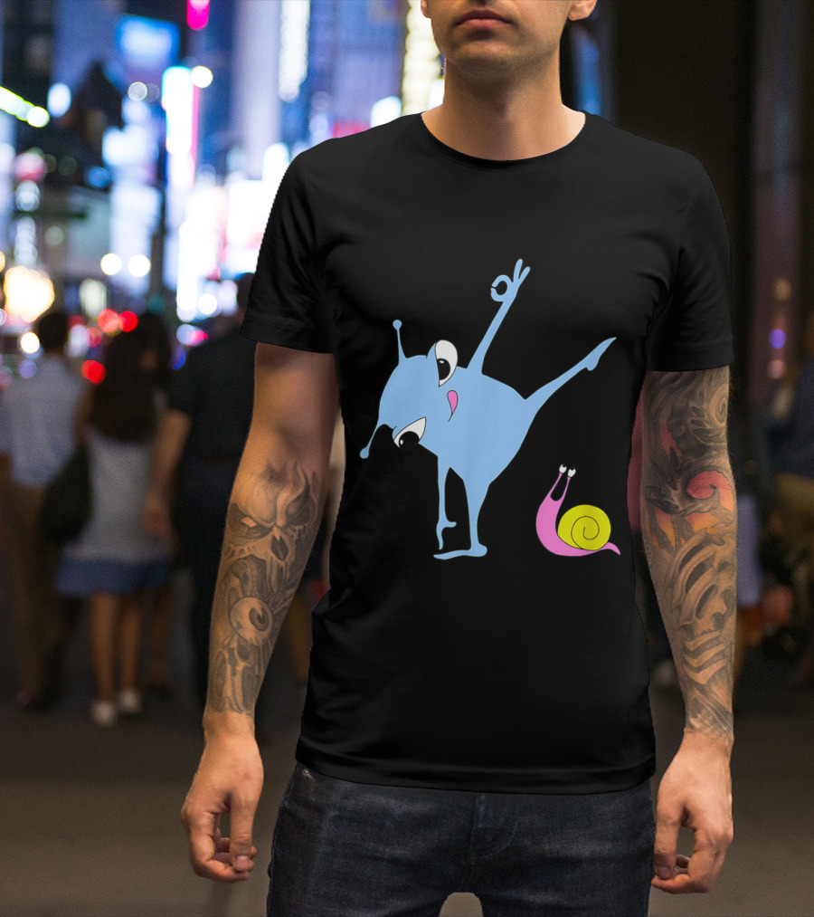 Yoga Pose With Happy Snail And Cute Blue Alien T-Shirt