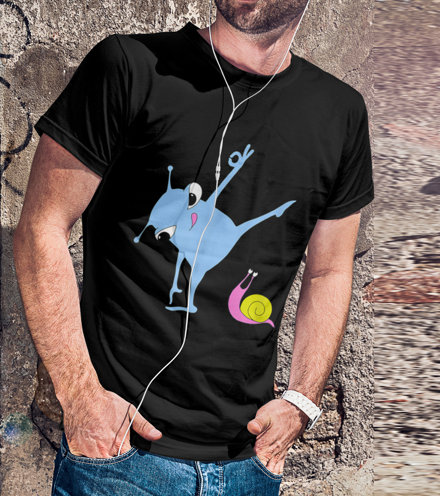 Yoga Pose With Happy Snail And Cute Blue Alien T-Shirt