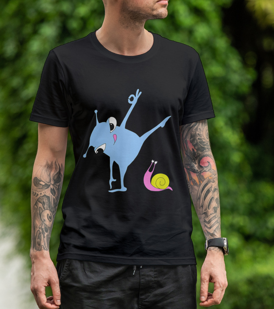 Yoga Pose With Happy Snail And Cute Blue Alien T-Shirt