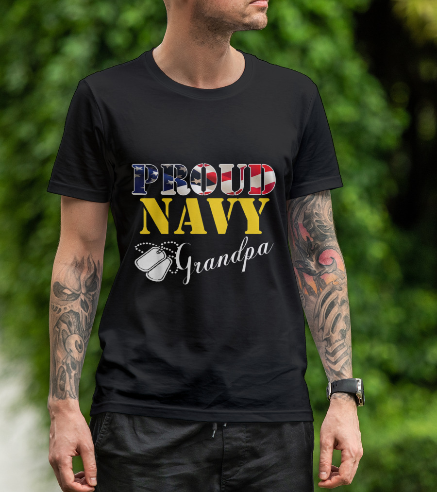 Proud Navy Grandpa American Flag Dog Tags T-Shirt