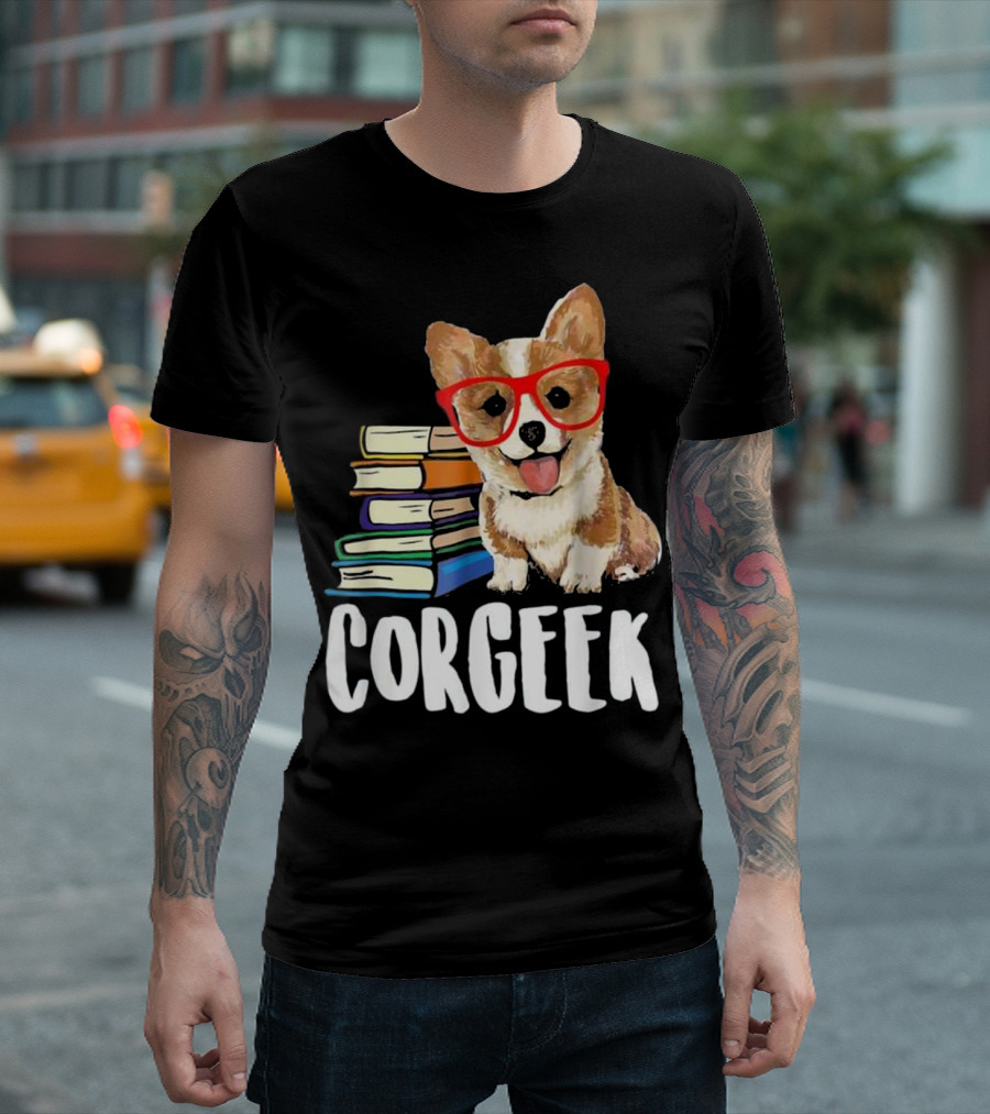 Corgeek Corgi Dog with Glasses Next to Stack of Books T-Shirt