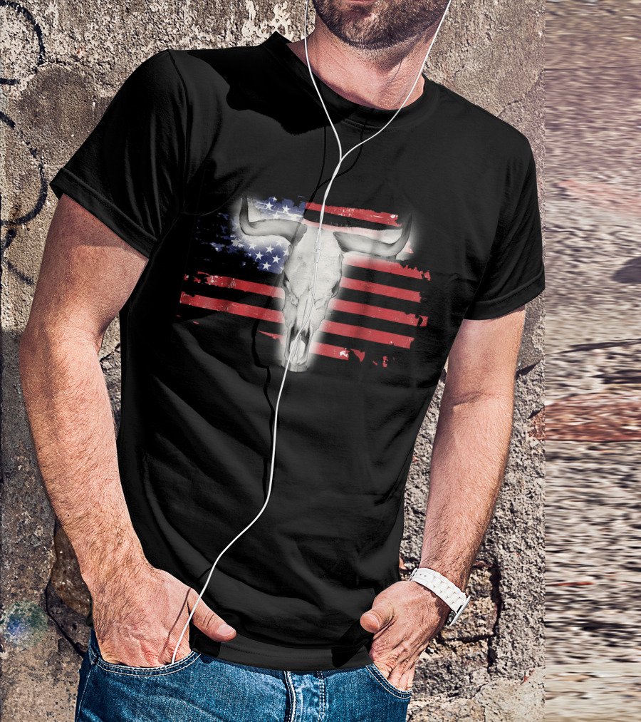 Patriotic Flag Western Style Bull Skull USA T-Shirt