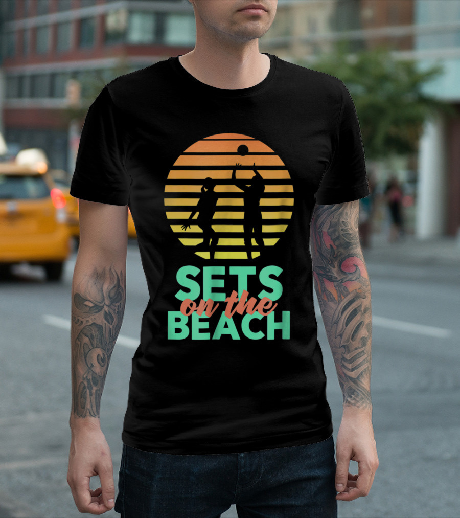 Sets On The Beach Volleyball Silhouette Retro Sunset T-Shirt