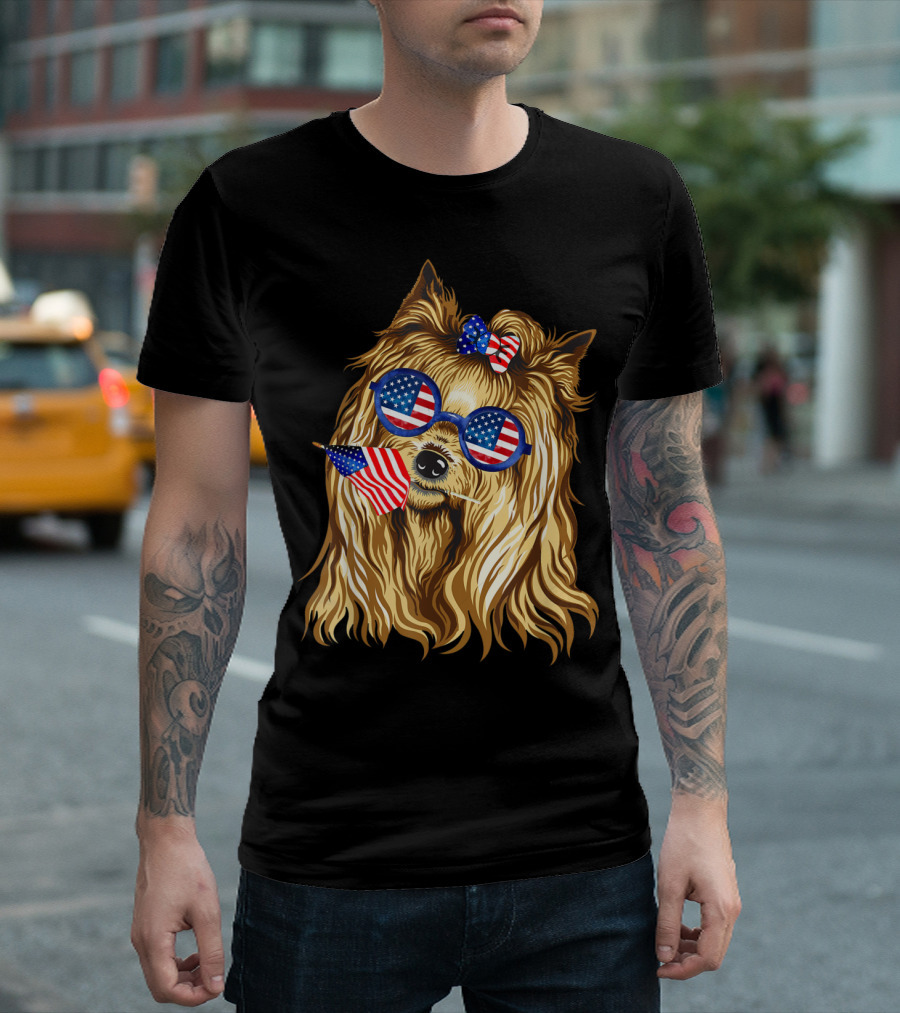 Yorkie with American Flag Sunglasses and Bow Holding Flag 4th of July T-Shirt