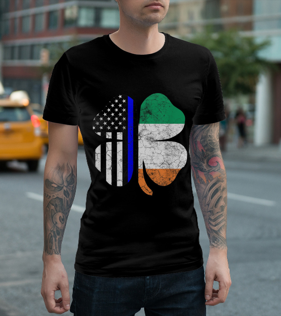 Thin Blue Line Irish American Shamrock St Patrick's Flag T-Shirt