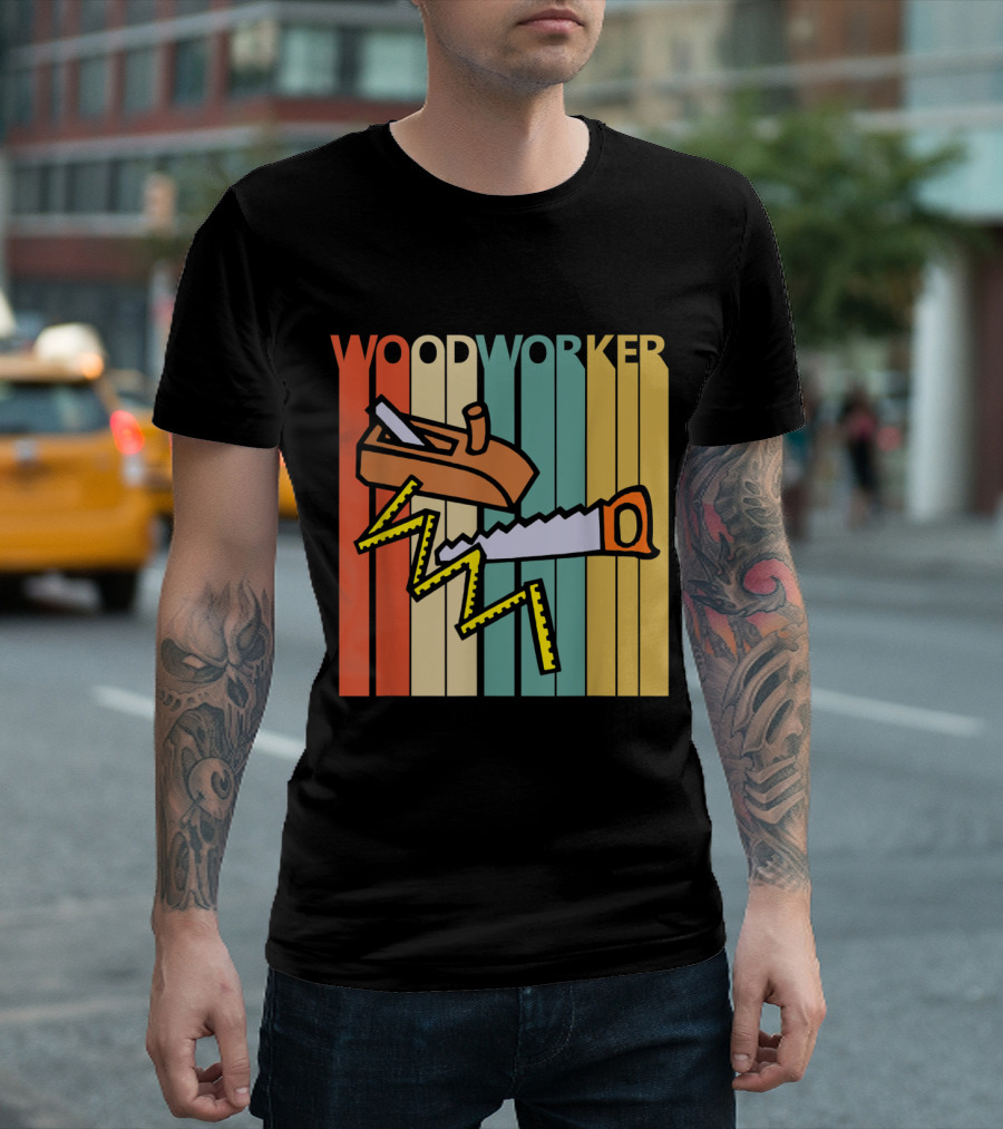 Woodworker Vintage Carpenter Saw and Plane Retro Stripes T-Shirt