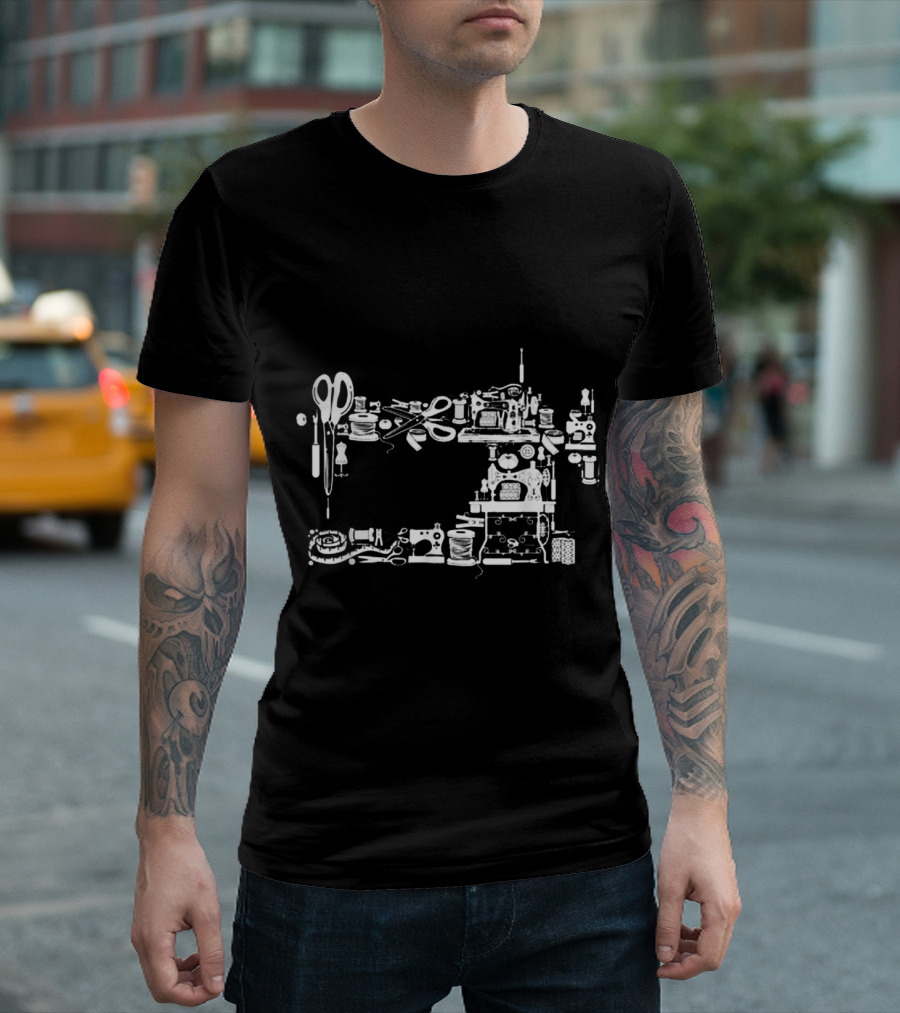 Sewing and Quilting Tools Collage with Scissors and Sewing Machine Outline T-Shirt